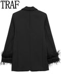 Black Feather Blazer Women Button Fashion Woman Blazer 2023 Casual Elegant Womens Jackets Long Sleeve Women's Winter