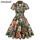 Summer Cotton Vintage Midi Party Dress Short Sleeve 4XL Robe Femme Swing 1950s Retro Floral Print Green Rockabilly