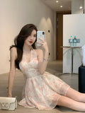 Chic Backless Chiffon Mini Dress Women 2023 Summer Floral Print Sexy Sleeveless Neck-mounted Holiday Sweet Female
