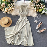 Summer Spring Elegant Knitted Halter Solid Sleeveless Vivid Color Women Female A-line High Waist Long