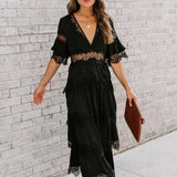 2022 Summer Women Maxi Cake Dress Short Sleeve Vintage Sexy White Lace Vocation Tunic Long Beach