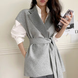 New Autumn Winter Women's Jackets Sleeveless Waistcoat Lace Up Streetwear Woolen Oversized Vests Tops