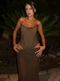 Brown Mesh Corset Bodysuit And Maxi Skirt Set-Outfit