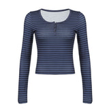 Zingj Wind Navy Blue Three Button Stripe Long Sleeve T Shirt Female Autumn BM Retro Hot Girl Slim Bottom Top