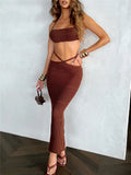 Women Knitted 2 Pieces Summer Clothing Set Sexy Tie-up Halter Crop Tops and Cross Wrapped Long Skirts Beach