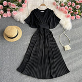 Zingj Temperament Fashion V Collar Fly Sleeve Dress Simple Pure Color Waist Belt Pleated Long