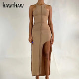 Women Summer Patchwork Bodycon Solid Color Sleeveless Split Long Tank Dress 2021 Female Clothing Streetwear