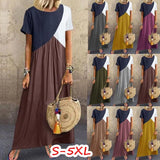 Women's Loose Vintage Patchwork Midi Long Dress 2021 Fashion Casual O Neck Short Sleeve Lady Beach Maxi Dresses Plus