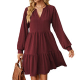 Zingj Autumn And Winter New V Collar Small Twist Pure Color Long Sleeve Loose Casual Dress Female-Outfit