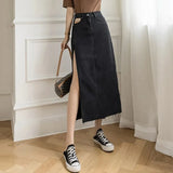 Long Maxi Denim Skirt for Women's Y2k Korean Fashion 2023 Female Loose Sexy Side Slit Open Legs Skirts Jeans Retro Bag