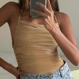 Backless Bodysuit Summer Sleeveless Spaghetti Strap Leotard Tops Sexy Lady Back Cross Lace-up Bodysuit Pleated