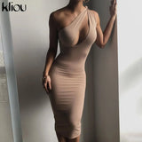 Cut Out Sexy Midnight Clubwear Maxi Dresses Solid One Shoulder Birthday Outfit For Women Slim Bodycon Party