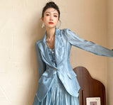 3 Piece Blue Glitter Summer Blazer Women Jackets Coat Blazer And Short Skirt Set For Women Elegant High Fashion
