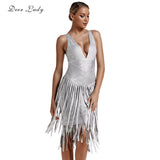 Lady Sexy Celebrity Bandage Dress 2021New Arrivals Silver Metallic Fringe Dress Bodycon Party HL Bandage Dress