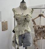 Real Shoot French Retro Irregular Lotus With Chest Cushions With Ribbon Sling Vest Summer Chiffon Top