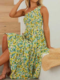 Summer Green Long Dress Women Elegant One Shoulder Dress Ladies Floral Print Maxi Party Pleated Dress For