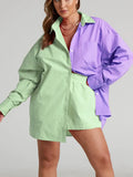 Spring and Summer Splicing Leisure Two-piece Women's Long-sleeved Lapel Shirt Shorts Loose Fashion Suit Street Women's