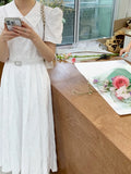 Zingj Chic Summer Age Reduction Doll Collar Bow Jacquard Waist Show Thin Bubble Sleeve Dress With Belt
