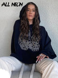 Y2K Street Style Rhinestones Trim Oversized Black Hoodies Grunge Aesthetics Long Sleeve Fire Print Loose Sweatshirts