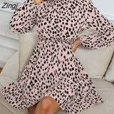 de mujer Elegant mini dress women spring New 5-colors women's stand collar leopard Green Ruffles dress Vestido
