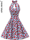 Floral Printed Strawberry Dress Women Halter Backless V Neck Retro Vintage 50s 60s Pinup Swing Rockabilly Dresses For