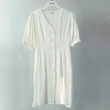 Summer Linen Dress Woman Short Sleeve Slim A-line Mini Dress V-neck Single Breasted vestidos mujer