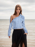 Zingj 2024 New Retro Wash Do Old Off-The-Shoulder Design Sense Denim Jacket Female Niche Design Sense