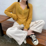 Women Korean Long Sleeve Cardigan Summer Cropped Cardigan Knitted V Neck Thin Ice Silk Blouse Sunscreen Shirt