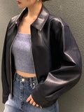 Fashion Trench Leather Jacket Women Streetwear Moto Biker Zipper Leather Jacket Casual High Street Cropped Leather