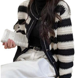 Zingj Waxy Small Fragrant Wind Sweater Coat Female 2024 New Design Sense Small Black And White Striped Knit Cardigan Short Female-Outfit