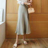 Summer Midi High Waist Satin Skirt Elegant A-Line Solid Office Ladies