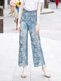 Summer New Slim And Versatile Hollow Out Lace Stitching Denim Pants Women High Waist Wide Leg Pants Female Casual