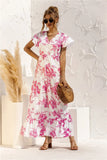 Queens Women Floral Print Short Sleeve Beach Bohemian Maxi Dress Robe Ladies V-neck Boho Dresses
