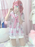 Japanese Kawaii Solior Collar T-shirt Dress Women Y2k Aesthetic Graphic Tees Rabbit Print Harajuku Long