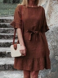 Women Cotton Linen Loose Dresses Spring New Lantern Sleeve Solid Midi Maxi Dress Casual O Neck Belt Waist Shirt