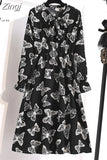 Women Casual Spring Autumn Dress Korean Style Vintage Floral Printed Shirt Dress Long Sleeve Elegant Bow Midi Summer