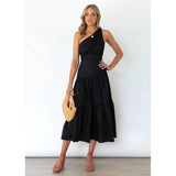 Zingj And Summer 2023 New Single Shoulder Knot Solid Color Fresh And Sweet Long Dress