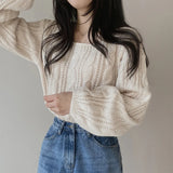Solid Color Lantern Sleeve Square Collar SweaterOutfit