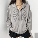 Harajuku Gothic Hoodies Coat Women Skull Print Goth Grunge Long Sleeve Oversized Jacket Rhinestone 90s