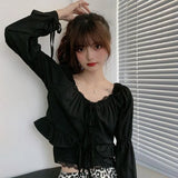 Women Slim Tender Temperament Spring Long Sleeve Lady Blouses Lace-up Solid All-match Breathable Stylish College Crop