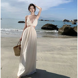 Zingj Holiday Style Hanging Neck Tie With Open Back Sexy Halter Dress Hollow Out High Waist Temperament Long Skirt