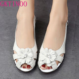 Flower Open Toe Summer Sandals Hollow Soft Genuine Leather Women's Shoes Flat Comfortable Fashion Sandals Large