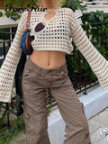 Hollow Out Long Sleeve T Shirts Summer O Neck See Through White Sexy Tees Y2k 2022 Fashion Women Crop Top Shirt