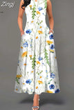 Boho Long Dresses Women Elegant Sleeveless Casual Floral Print Beach Party Maxi