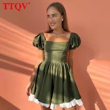 Sexy Squar Collar Elegant Dresses For Women Summer Green Short Sleeve Office Mini Dress Fashion Spliced Female