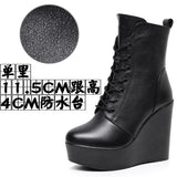Head 12Cm High Slope And Waterproof Table Mid-Sleevel Boots With Side Zipper Women's Boots Pine Cake Plus Velvet Winter Warm Leather