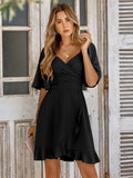 2025 New Women's V-Collar Solid Color Waist Flounce Summer Dress