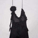 Black Mesh Fringe Ruffle Open Back Midi Dress- Outfit
