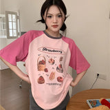 Summer Japanese Contrast Color Loose T-shirts Casual O Neck Cropped Tops Women Short Sleeve Y2k Aesthetic Kawaii Print