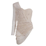 Women Bandages Dress Sexy Sequins One Shoulder Patchwork Clothes 2022 New Celebrity Party Club Mini